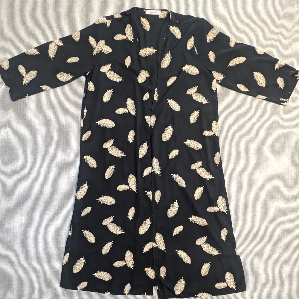 Black Feather Print Kimono